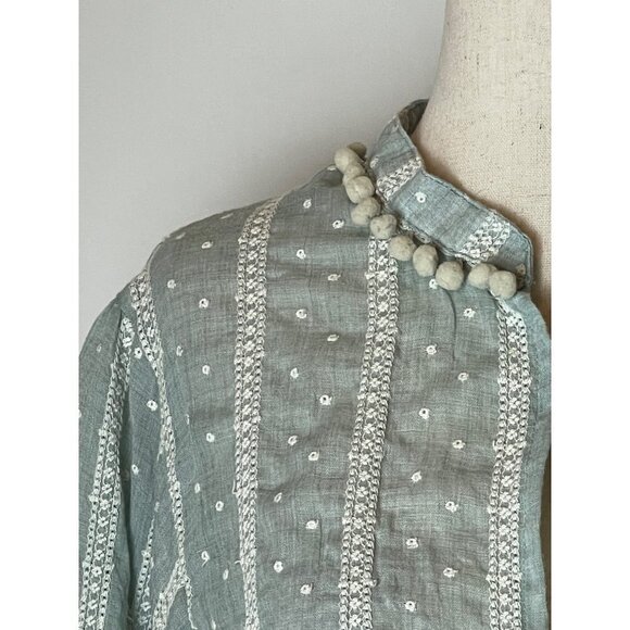Zara Blue Green Embroidered Pom Pom Neck Embroidered Eyelet Blouse Size XS - Picture 6 of 7